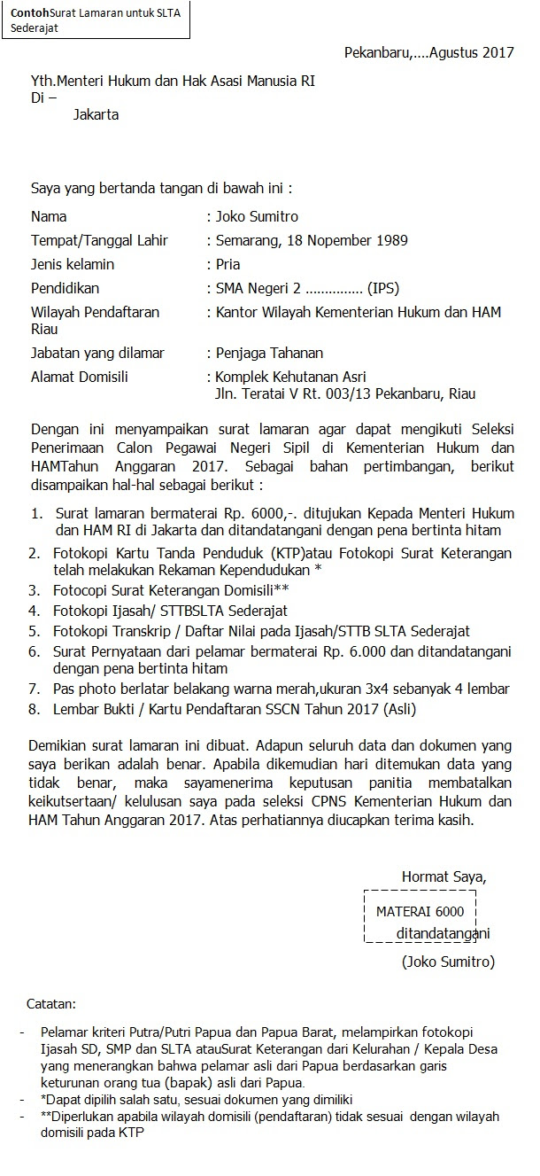 Contoh Surat Lamaran Cpns Kemenkumham Sarjana