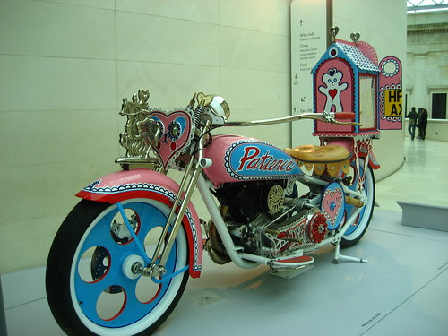 Grayson Perry's motorbike, with Alan Measles stand-in at the back