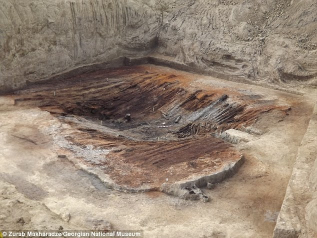 The burial chamber was found within a 12 metre (39-foot) high mound called a kurgan. Pictured is the roof of the burial chamber