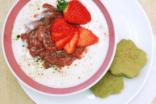 sakura yoghurt with strawberry compote & matcha shortbread
