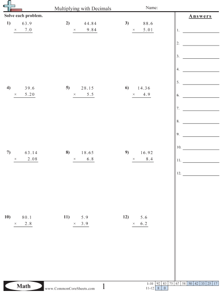 Decimals Multiplication Worksheets : Multiplying 3-Digit Whole Numbers by 2-Digit Hundredths (A) - There are many operations with decimals worksheets throughout the page.