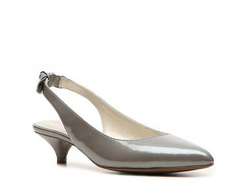 sling back, kitten heel, gray, patent leather, Bandolino, pagan