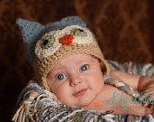 Country Blue and Tan Ear Flap Owl Hat  12-24  Month