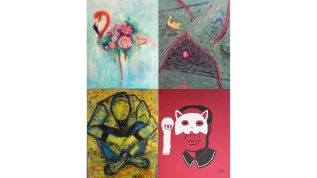 Obras de los pintores María Dolores Gachet, Patricia Plezt, Alejandra Mendoza y Sophie Lladó, que se expondrán en Espacio 10 Arte