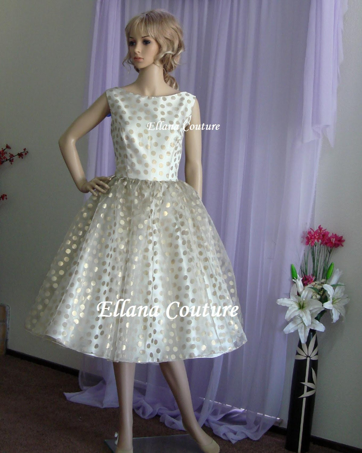 Ready to Ship. Ella - Vintage Style Gold Polka Dot Wedding Dress. Tea Length.