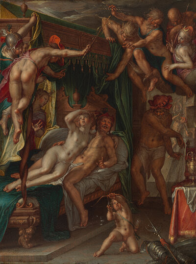 In 1610, Wtewael paints Venus looking up at Mercury as Apollo and Minerva raise the curtain of the bed. Vulcan, with his net, stands to the side of the bed, with Apollo, Jupiter, Saturn and Diana above.
