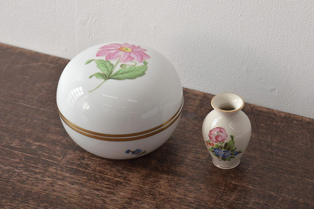 中古 ハンガリー Herend ヘレンド ボンボン入れ ミニチュアベース 2点セット 小物入れ 花瓶 花器 陶磁器 R ラフジュ工房