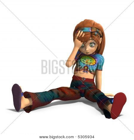 Toon Girl Sitting On The Floor Unhappy. cartoon girl fell on the floor With 