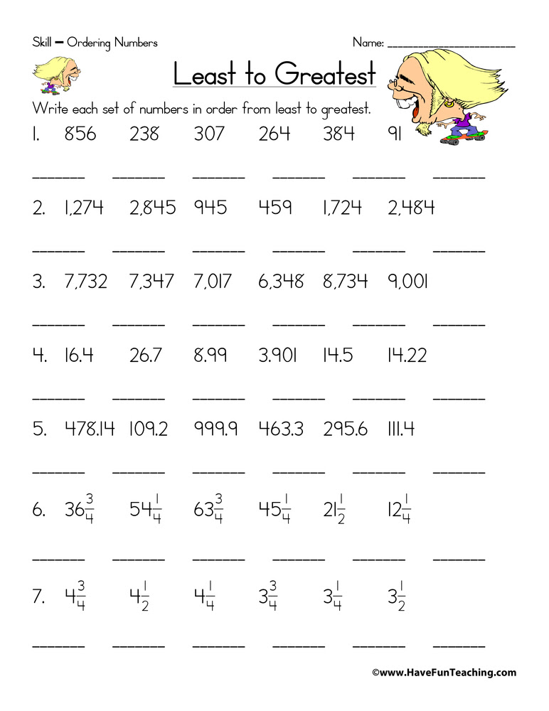 Math worksheets ordering numbers from least to greatest