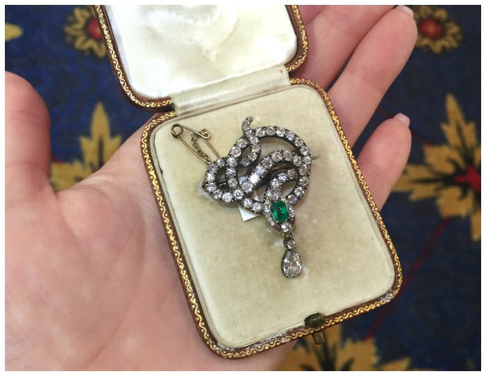 A glorious antique Victorian snake brooch. With diamonds and emeralds. At Humphrey Butler.