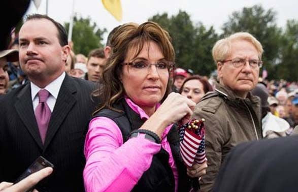 Sen. Mike Lee (left), former Alaska Gov. Sarah Palin (center) and Larry Klayman (right) on Oct. 13, 2013