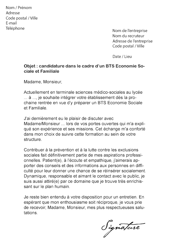 Lettre de motivation BTS ESF - Modèle de Lettre