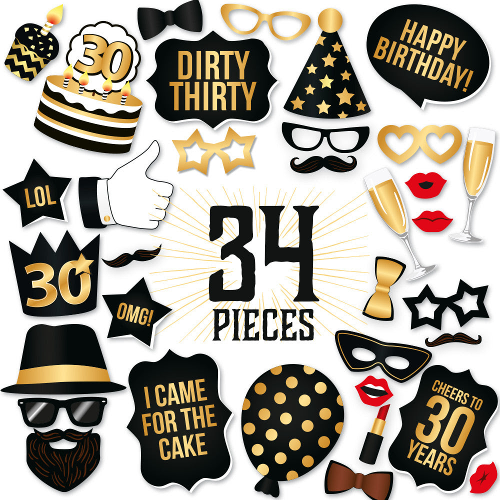 30th Birthday Photo Booth Props Black And Gold 34 Count Partygraphix