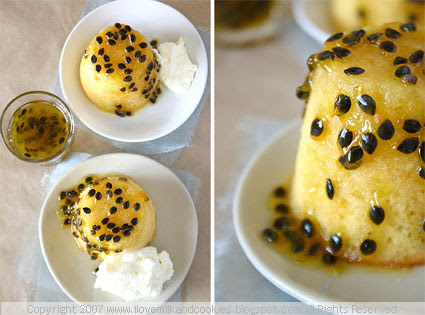 Baby lime cakes with passionfruit syrup and cream