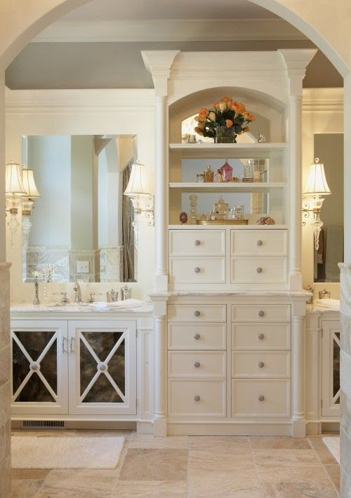 Love The Storage Between The Double Sinks great use of space and wonderful storage