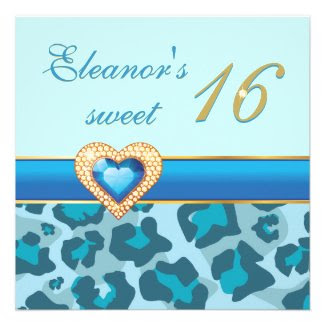Sweet sixteen blue leopard jewel heart birthday