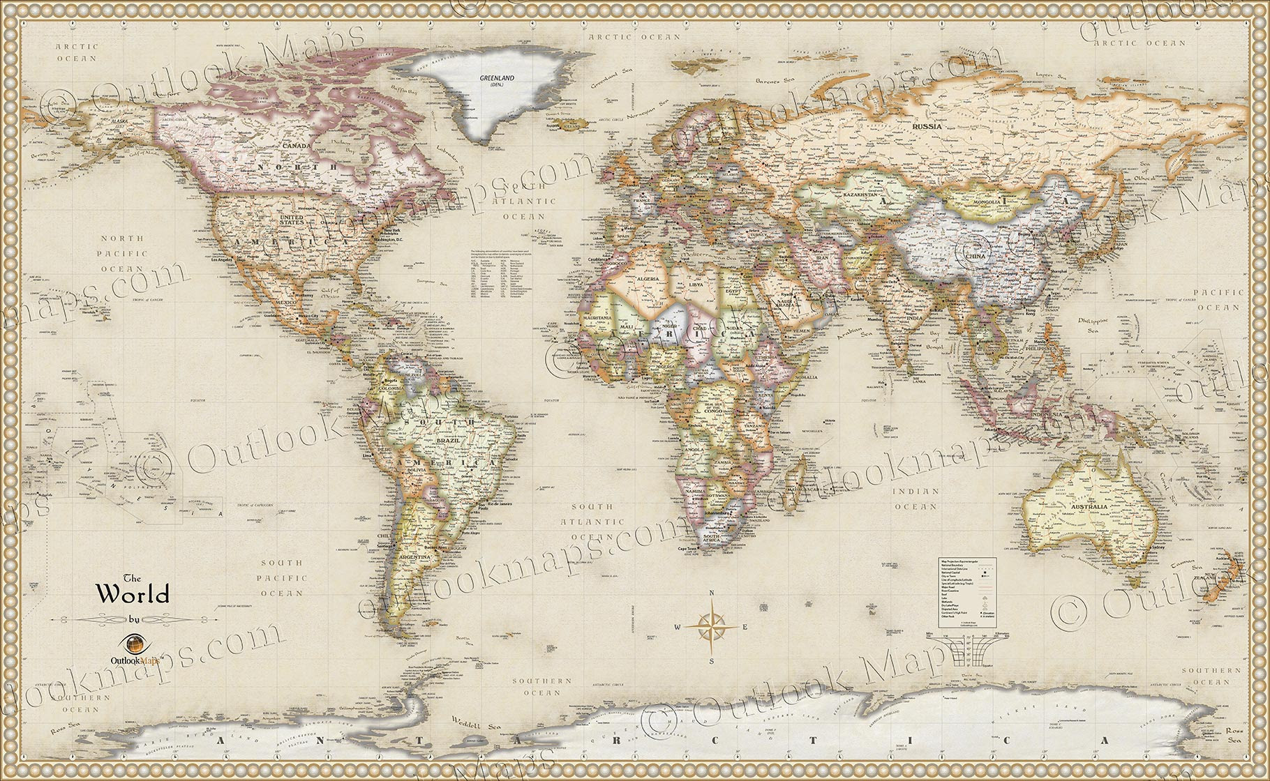 Large Vintage Map Of The World