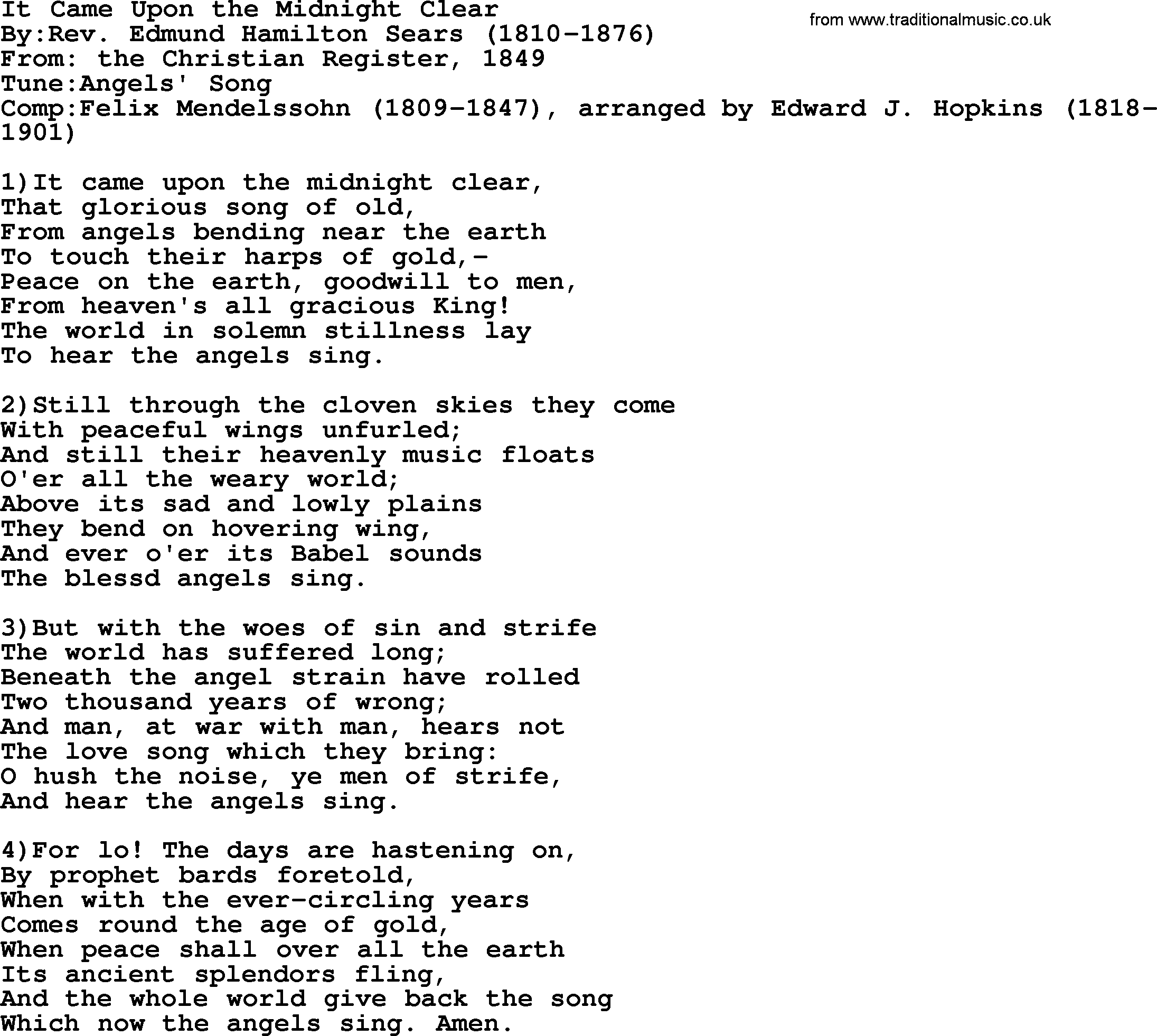 Methodist Hymn It Came Upon The Midnight Clear Lyrics With Pdf