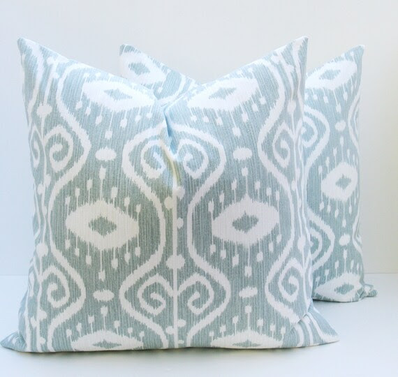Ikat Pillow 20x20 Blue Green Pillow. Light Blue. 20 x 20. Gray Blue .Decorator Pillow Covers Cushions Housewares  Printed fabric both sides