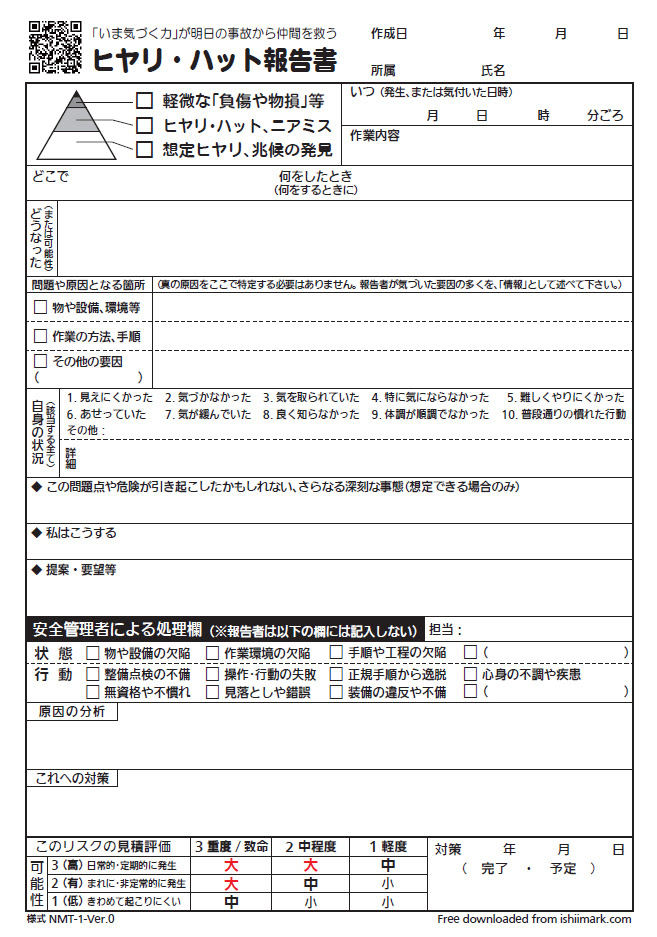 ヒヤリハット報告書用紙 様式1 0 ダウンロード