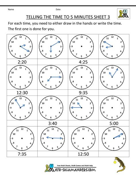 telling time clock worksheets to 5 minutes