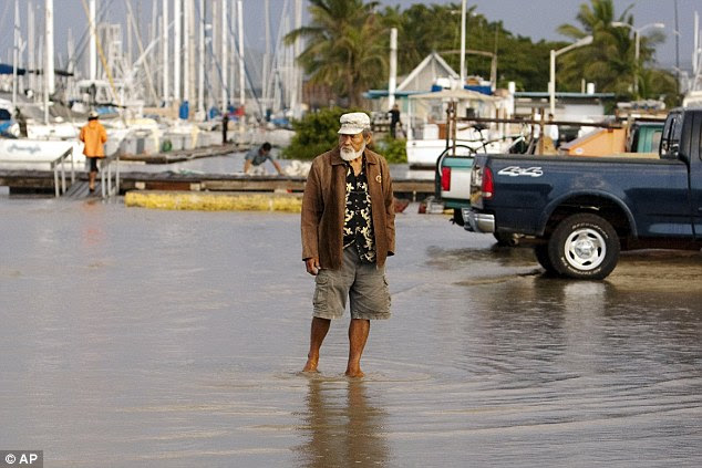 Clear-up operation: A man stands in a flooded parking lot in Honolulu. Waves reached seven feet in some areas, but did less damage than predicted. 