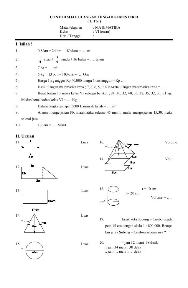 Soal UTS Matematika KTSP Kelas 6 Semester 2