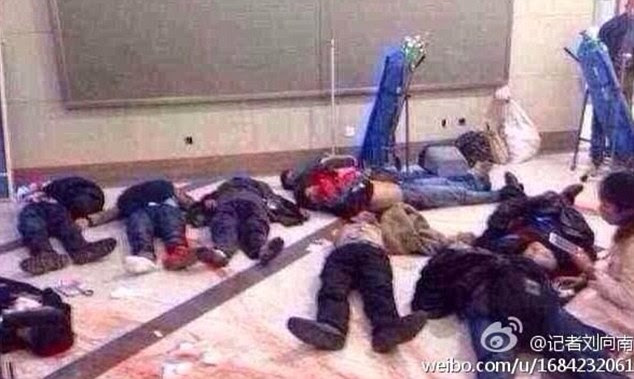 Horror: Photos shared on the Chinese micro-blogging site Weibo showed bodies strewn across the floor covered in blood. Initial reports suggest 28 people have been killed and another 113 were injured