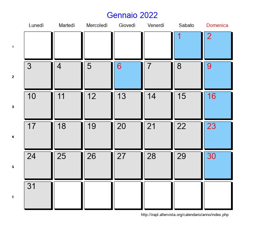 Calendario 2022 Gennaio