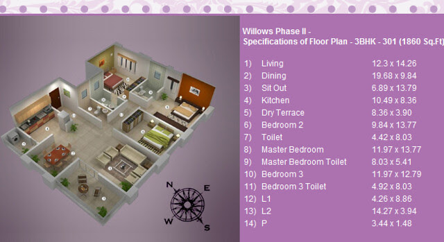 3 BHK Flat 1860  sq.ft. saleable in Vascon Willos Phase 2 at Balewadi - Baner - Pune