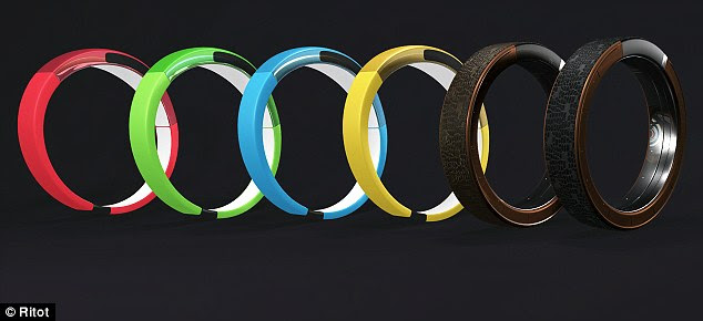 Future models of the sports band will be available in red, green, blue and yellow (pictured left) and the bracelet will also come in copper and bronze (pictured right). Its battery is said to last more than six days (150 hours) in projection mode, and one month on standby