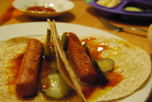 Veggie dogs on flatbread