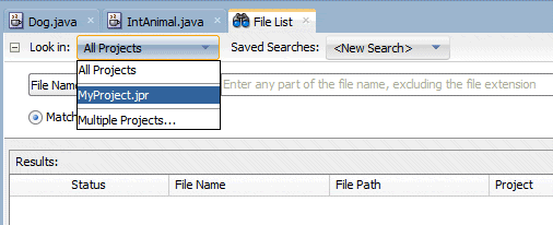 File List tab drop down menu, with MyProject.jpr selected.