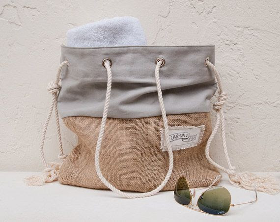Gray Canvas Tote Large Beach Bag Beach Tote Burlap Grey Canvas Stripe ...