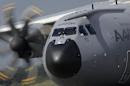 A new Airbus A400M military aircraft rolls on the runway after landing at Orleans air base