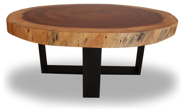 Round Solid Wood Table - Blackened Metal Base - contemporary 