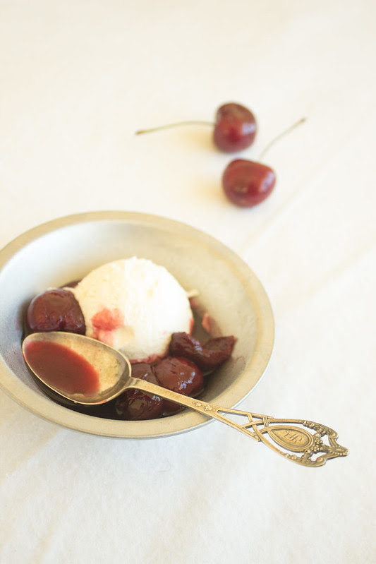 Mascarpone Ice Cream with Wine Poached Cherries
