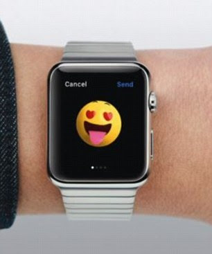 This image shows how the digital crown can be used to select from a list of emoticons