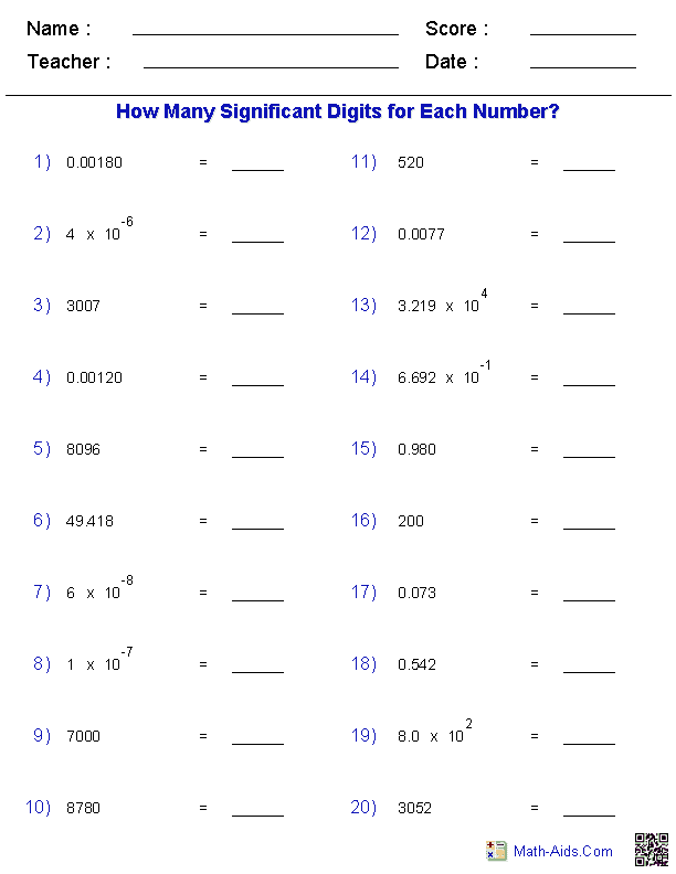 significant figures worksheets