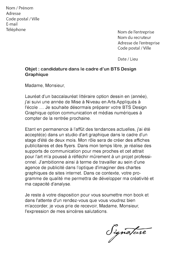 Lettre de motivation BTS Design Graphique - Modèle de Lettre