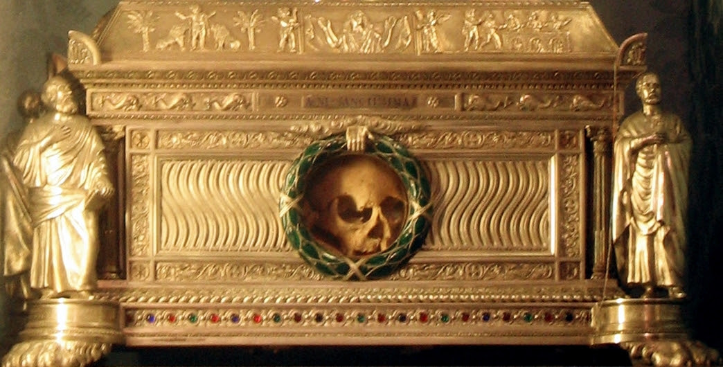 436kb jpg photograph of the skull of Saint Agnes of Rome, Saint Agnes in Agony Church, Piazza Navona, Rome, Italy; swiped with permission from the flickr account of Brother Lawrence Lew, OP