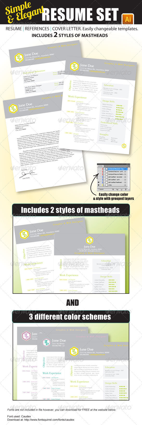 Set includes: resume, cover letter, and references with 2 different ...