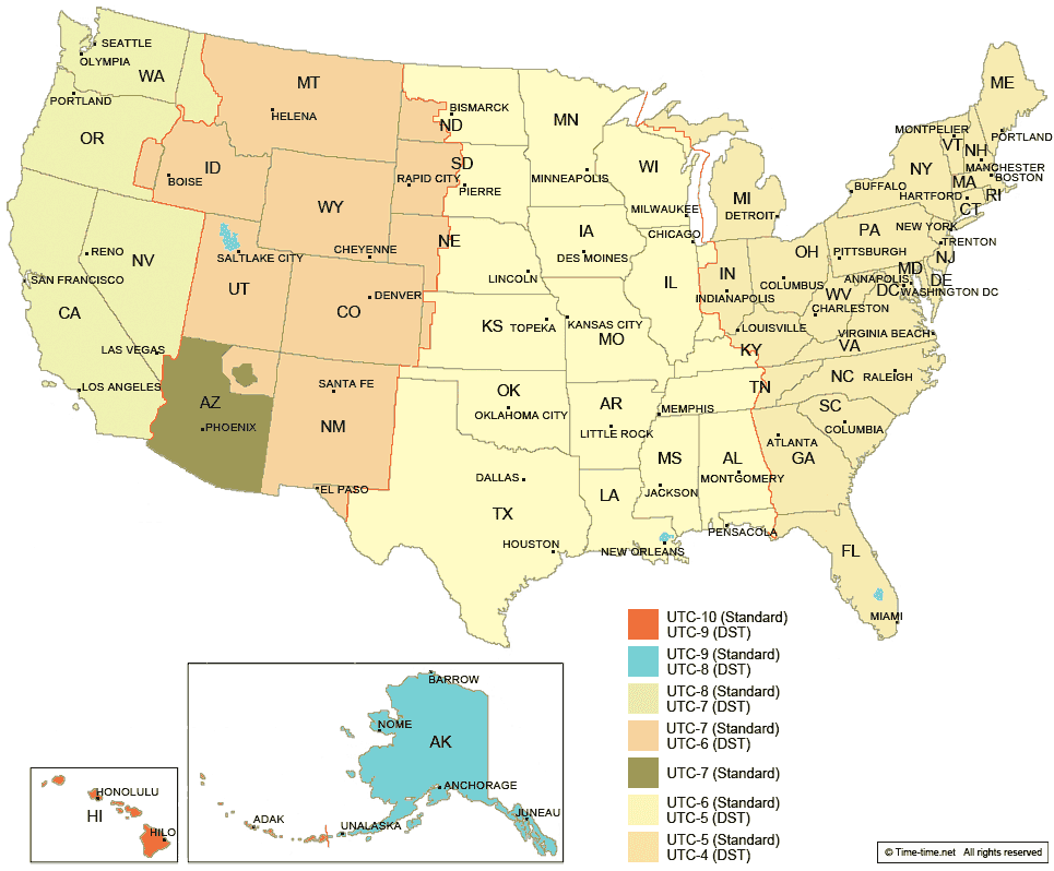 Usa Map With Time Zones And States