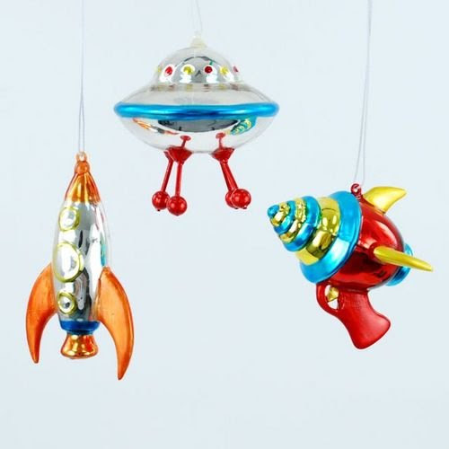 Reviews About Christmas Vintage Style Outer Space Mini Glass Ornaments,
Set of 3, Ray Gun, Flying Saucer