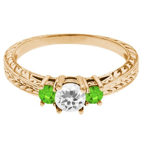 0.59 Ct Round White Topaz Green Sapphire 14K Yellow Gold 3-Stone Ring