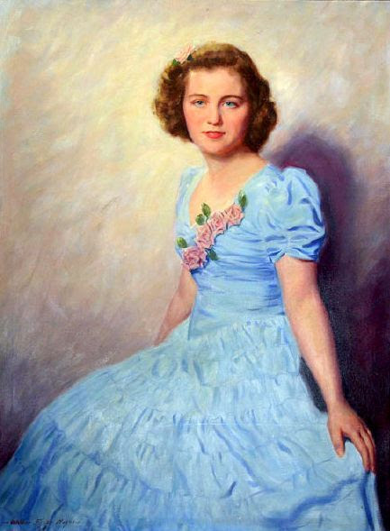 Young Lady In A Baby Blue Dress With Pink Roses