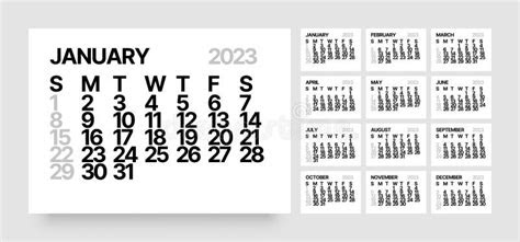  monthly calendar for 2023 year starts on sunday stock vector
