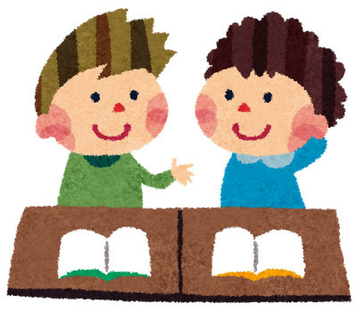 フリー素材 新学期の席替のイラスト 机を合わせて話す男の子二人がかわいいデザイン