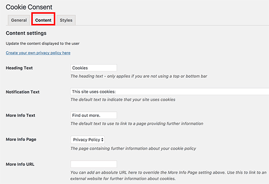 Edit cookie consent notification content