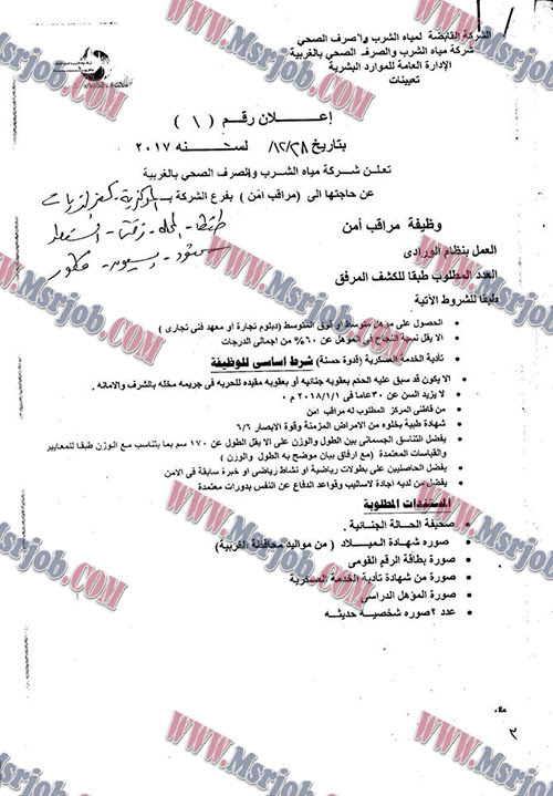 وظائف شركة مياه الشرب والصرف الصحي بالغربية - اعلان رقم 1 لسنة 2017